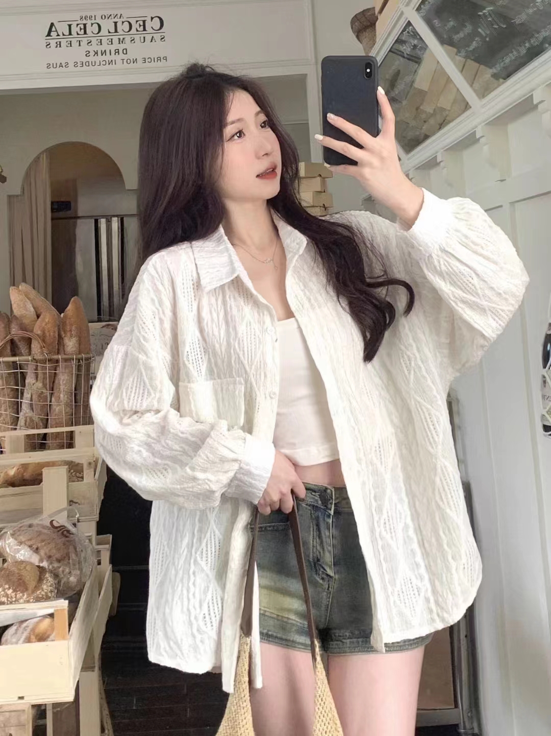 薄款防曬衫外套女夏季2024新款鏤空鈎花設計感寬鬆中長款襯衫上衣