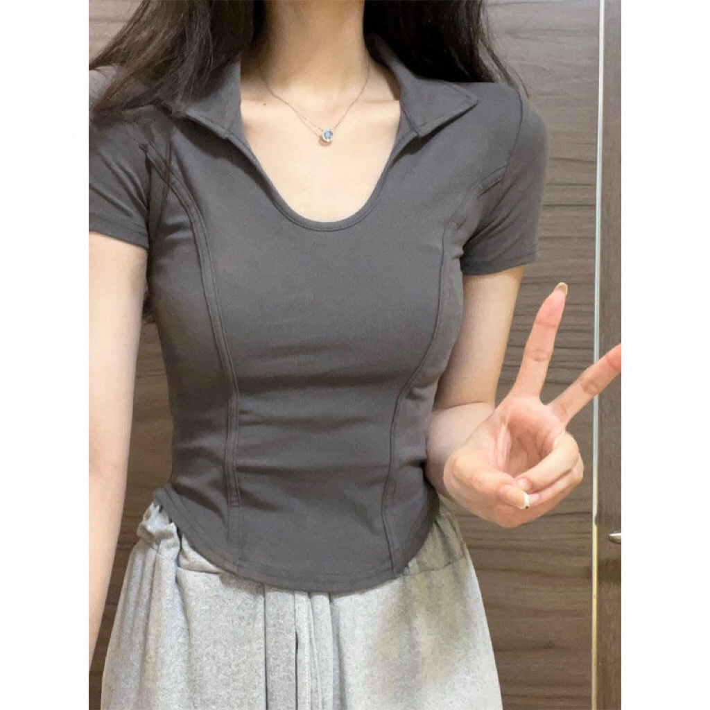 純棉 設計感小眾夏季新款正肩短袖t恤女復古修身顯瘦魚骨內搭上衣