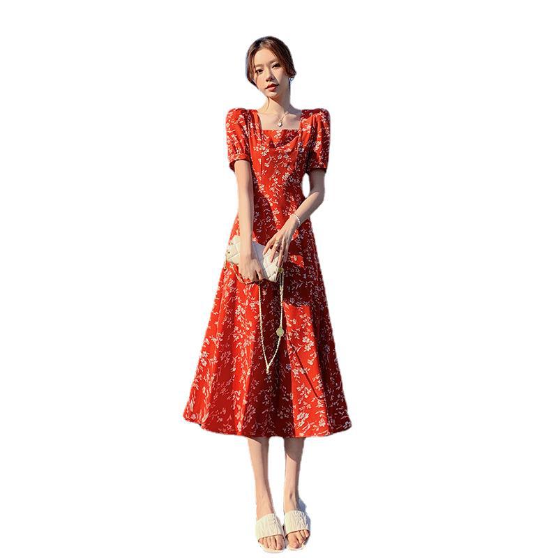 Summer new 2024 Korean version travel mid-length waisted Hepburn style dress French baby square collar date