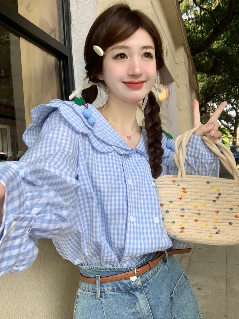 實拍 甜美減齡娃娃領長袖格子襯衫女新款韓系櫻桃別致上衣