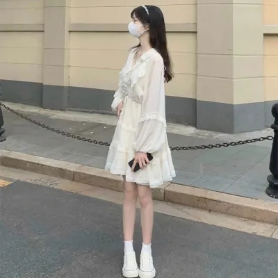 春季新款氛圍感甜美長袖雪紡連衣裙女氣質顯瘦小個子溫柔風裙子