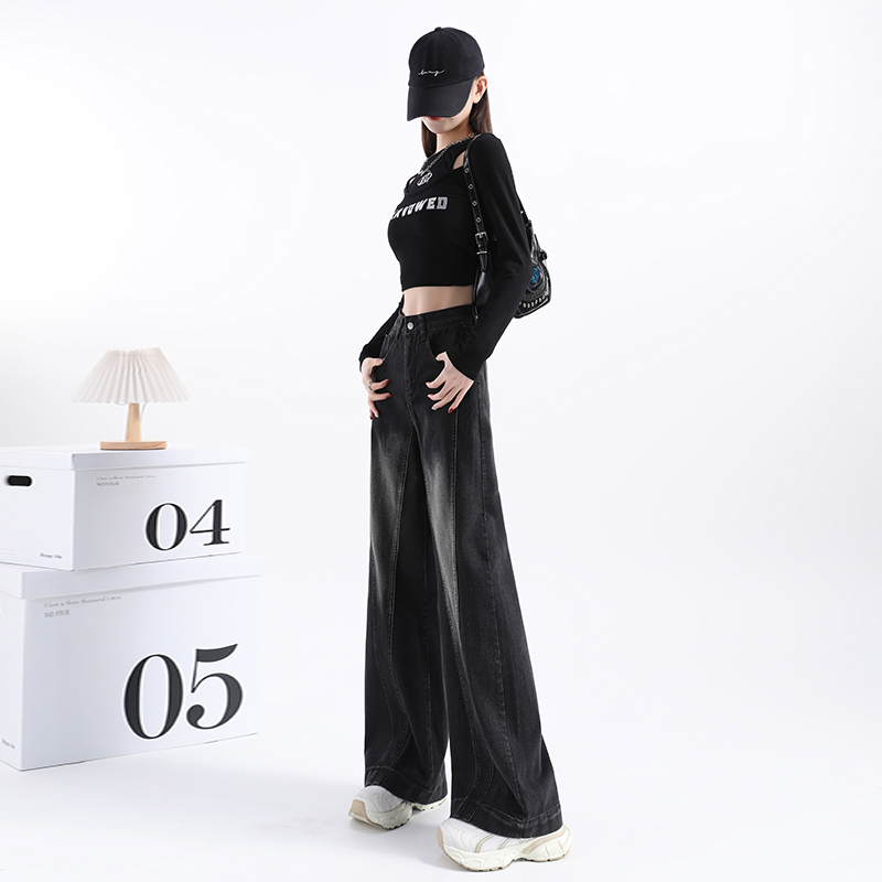實拍2024春夏時尚潮高腰闊腿直筒復古牛仔褲女