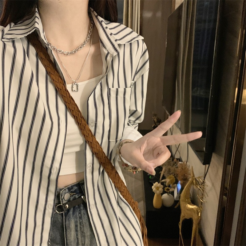 法式條紋襯衫女春秋季休閒襯衣罩衫外套設計感小眾長袖上衣