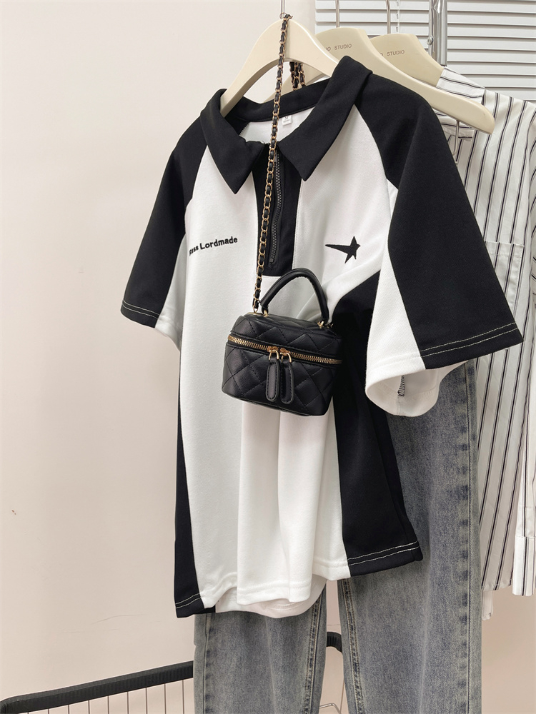 實拍250克珠地polo領T恤女短袖夏寬鬆拉鏈上衣潮牌中長款
