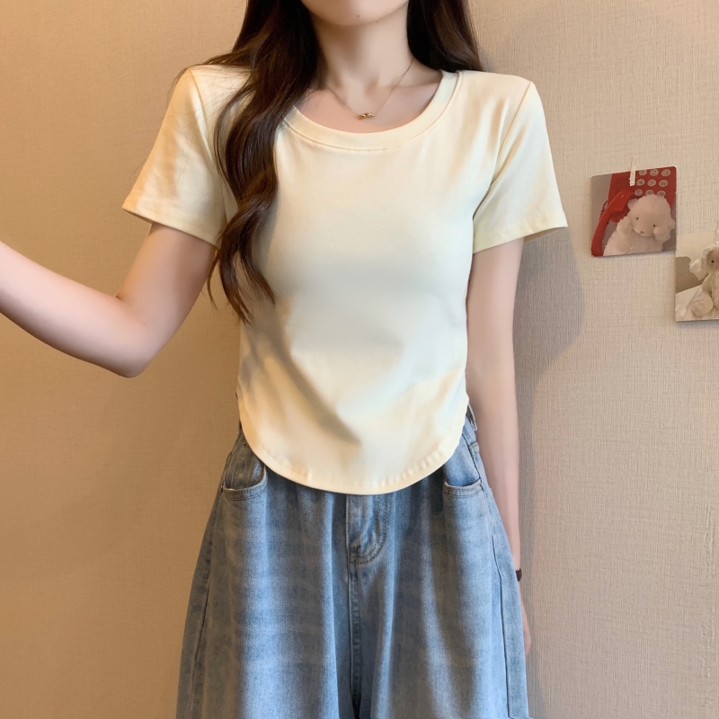 實拍  40支純棉 2024夏裝性感純欲風T恤奶黃色辣妹短袖女
