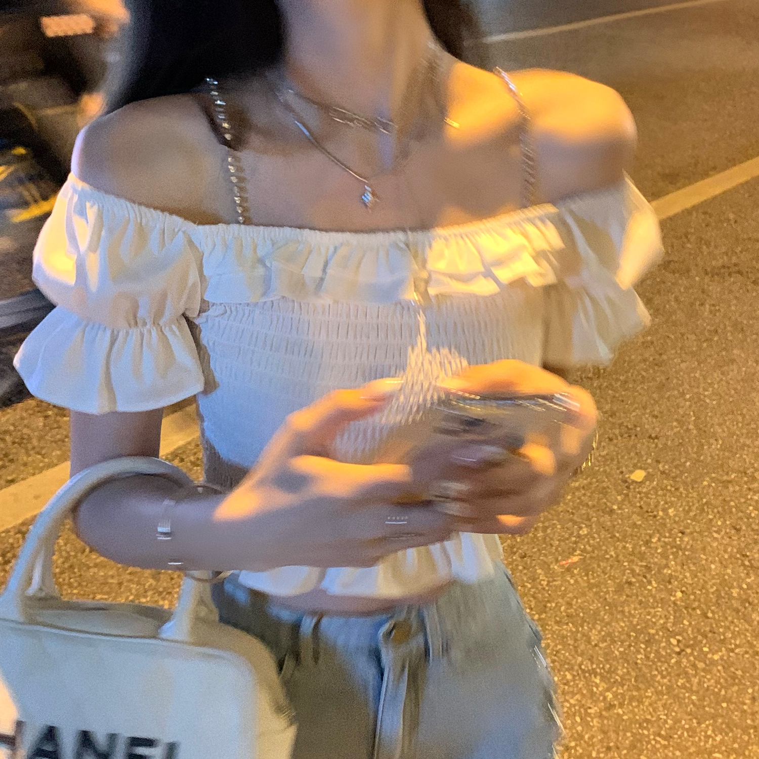 夏季戀戀夏日晚風 白色短袖襯衫女夏設計感鏈條可拆一字肩上衣