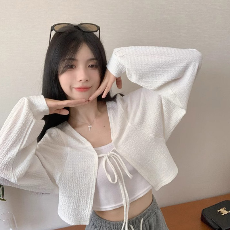 春夏百搭綁帶長袖燈籠袖短款薄款開衫短外套防曬上衣女