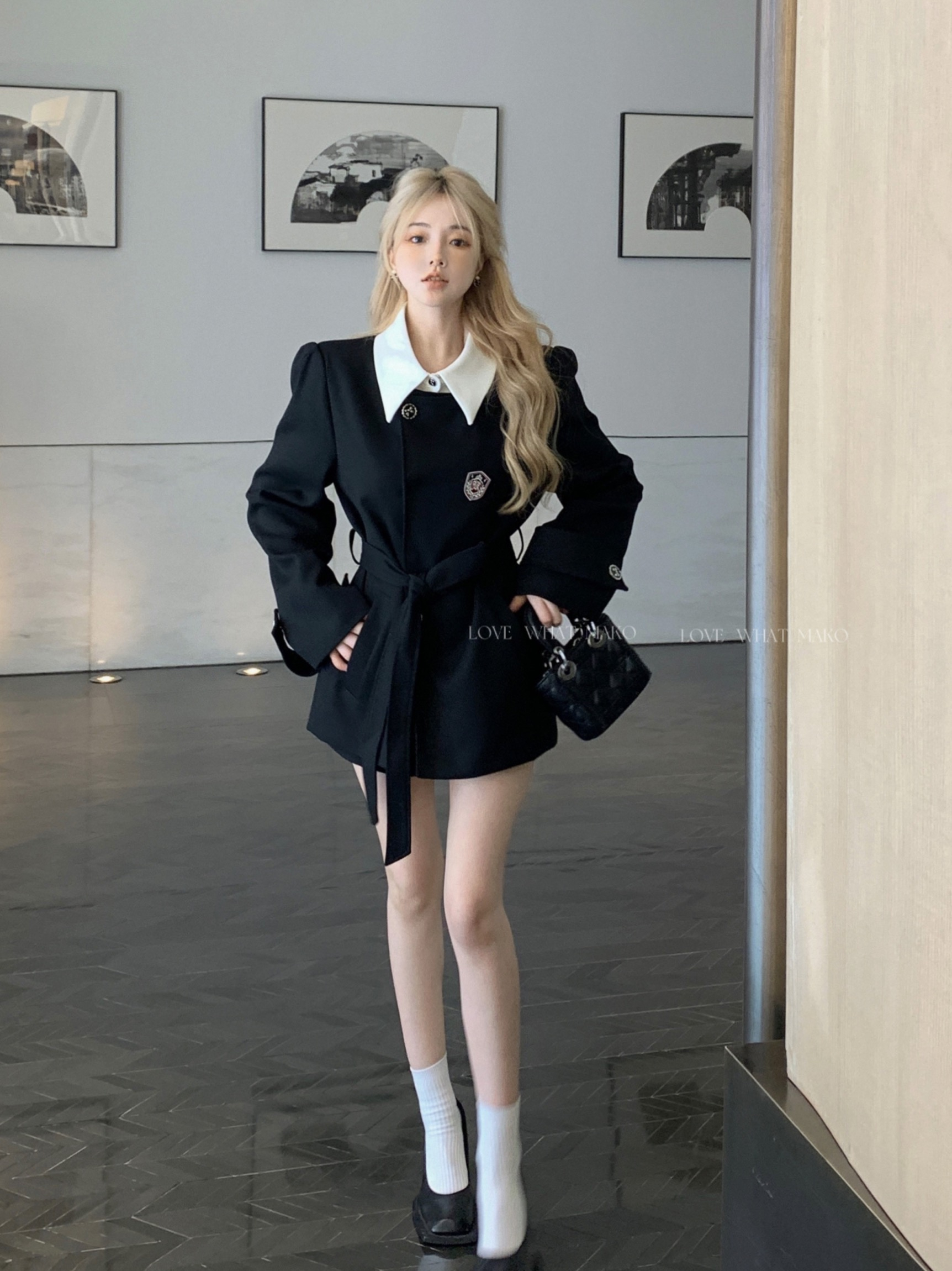 英倫學院風假兩件西裝外套女秋季高級感黑色拼接西服上衣
