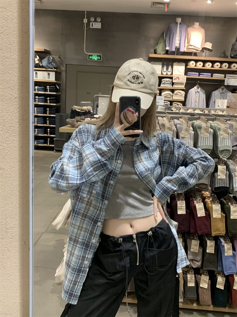 原版做法面料 美式復古藍色薄款格子襯衫女春慵懶防曬開衫外套