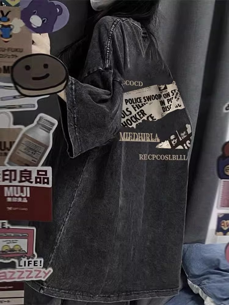 水洗黑歐美潮牌字母印花短袖T恤