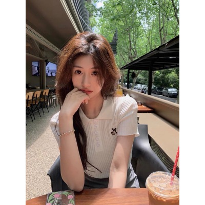 邱肉瑤 夏季繡花白色短款修身學院風可愛顯瘦chic港味上衣短袖女