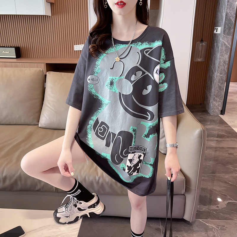 實拍2024夏季寬鬆印花卡通大碼寬鬆百搭上衣T恤女