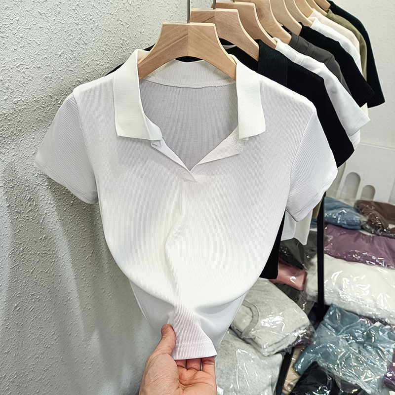 實拍 純棉V領短袖T恤女翻領Polo衫上衣ins