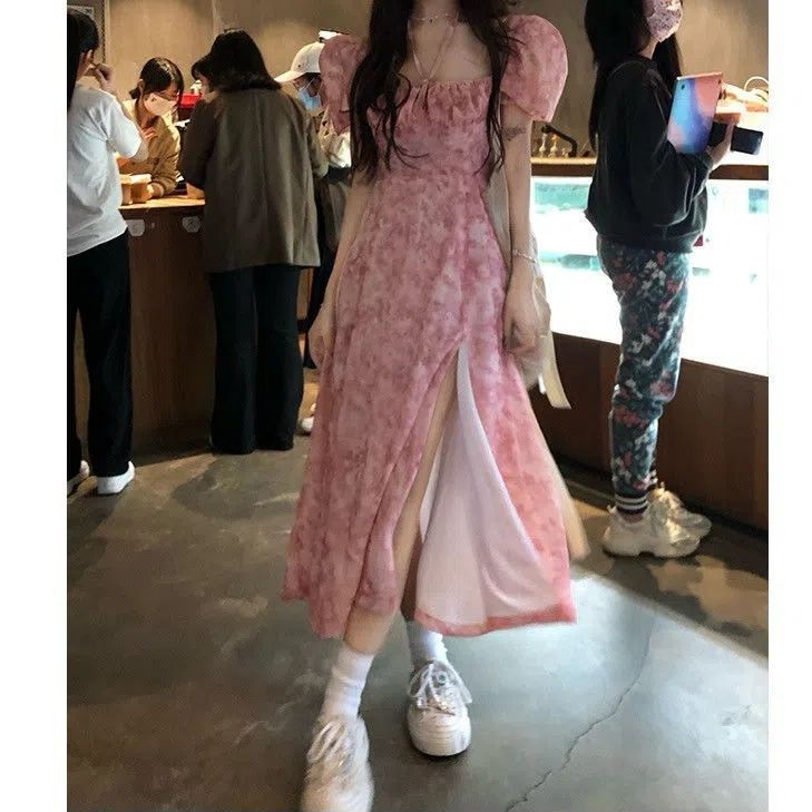 設計感開衩系帶連衣裙夏裝新款收腰雪紡長裙子ins超仙顯瘦仙女裙