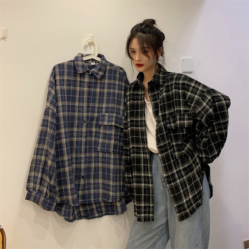 Real shot Korean chic early spring new style brushed thickened plaid lapel long-sleeved shirt loose lazy shirt