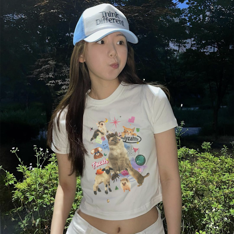 凡他姨可愛貓咪雜燴原創多款小貓數碼印花修身短袖短款T恤女
