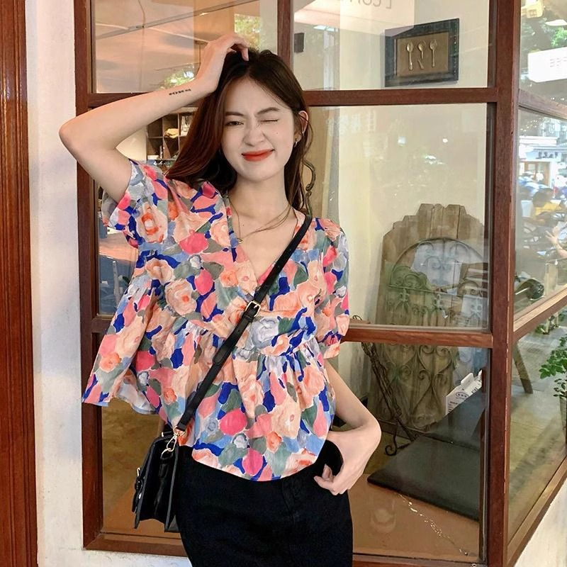 原版格子法式V領碎花襯衫女2024年高級感別致小眾顯瘦短款上衣