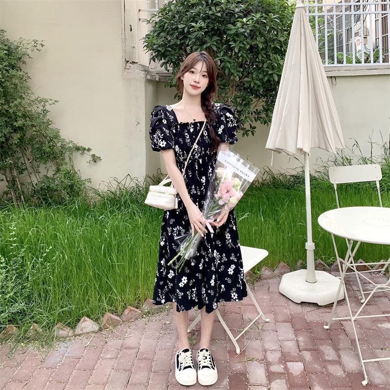 碼胖妹妹法式方領碎花連衣裙女溫柔風茶歇泡泡袖收腰中長裙辣媽