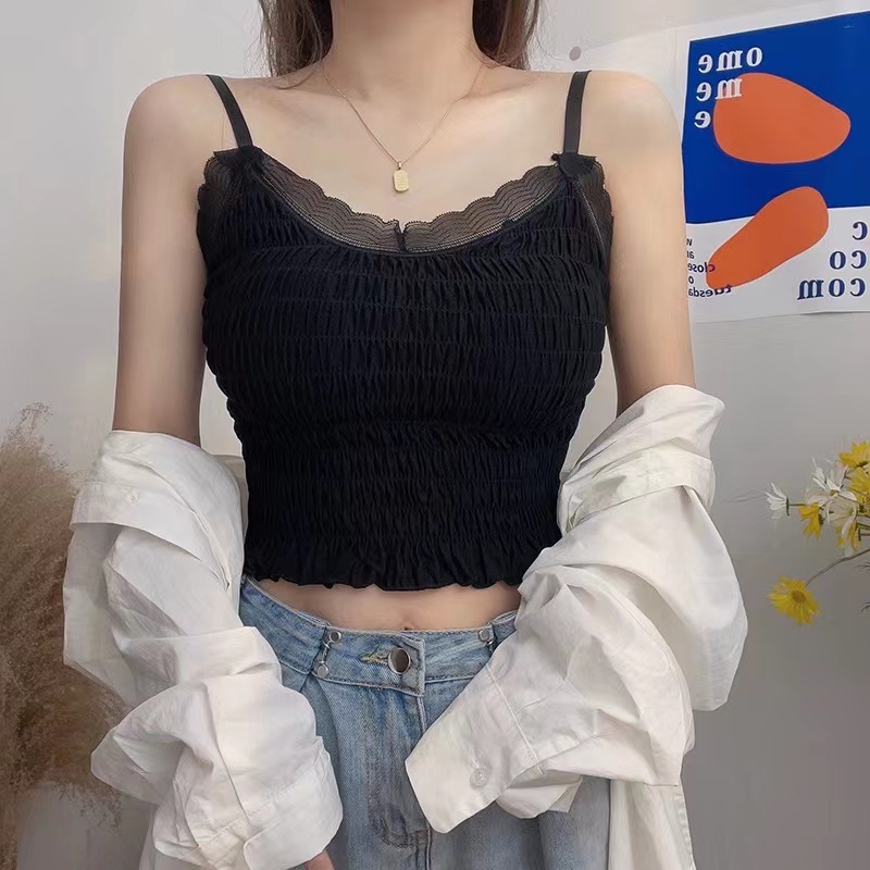 蕾絲美背吊帶夏季外穿帶胸墊薄款背心短款抹胸上衣女