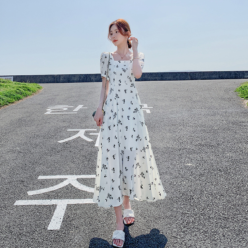Pastoral style white floral dress for women summer plus size fat mm waist slimming puff sleeve short sleeve long skirt new style