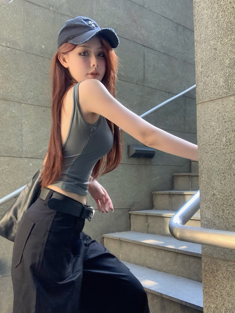 健身帶胸墊短款工字運動背心女夏季外穿遮副乳辣妹露美背無袖上衣