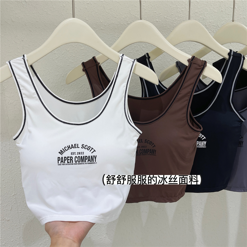 實拍 短款帶胸墊吊帶背心女夏緊身辣妹內搭字母運動上衣