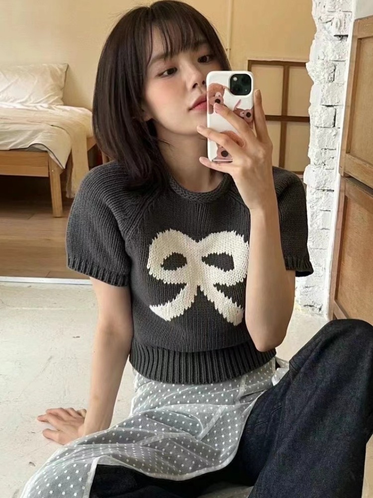INS韓國東大門減齡少女感可愛蝴蝶結針織衫短袖上衣春季2024新款