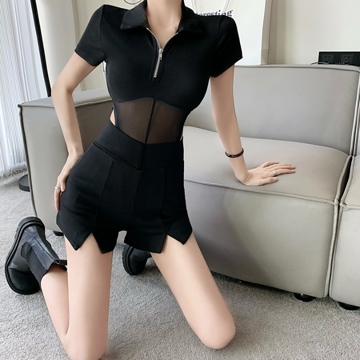 時尚超火韓版新款夏季薄款魚骨高腰設計感辣妹開叉A字闊腿熱褲