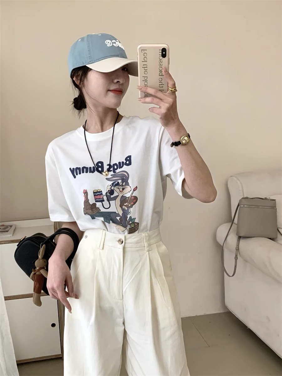 潮流圓領趣味兔子印花短袖T恤