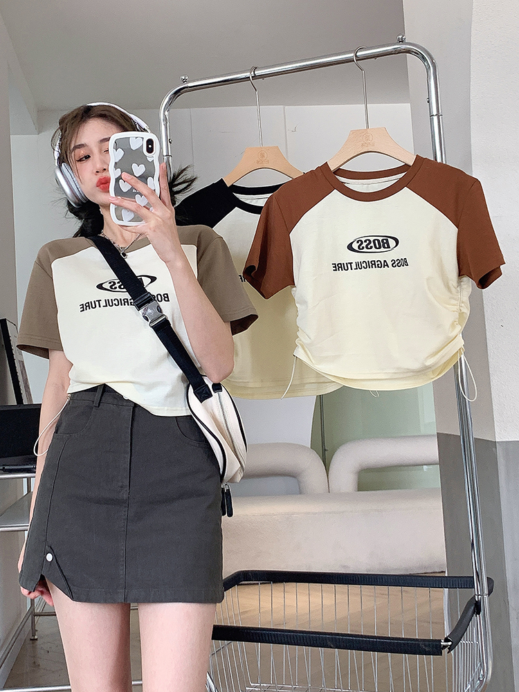 American retro T-shirt for women summer new style printed raglan sleeves round neck bottoming shirt with belly button exposed short-sleeved top