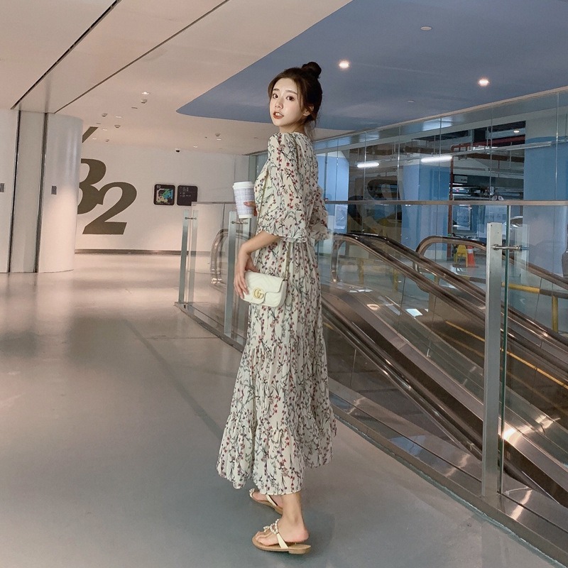 碎花連衣裙2024春裝新款白色雪紡夏季長裙五分袖裙子仙女超仙森系