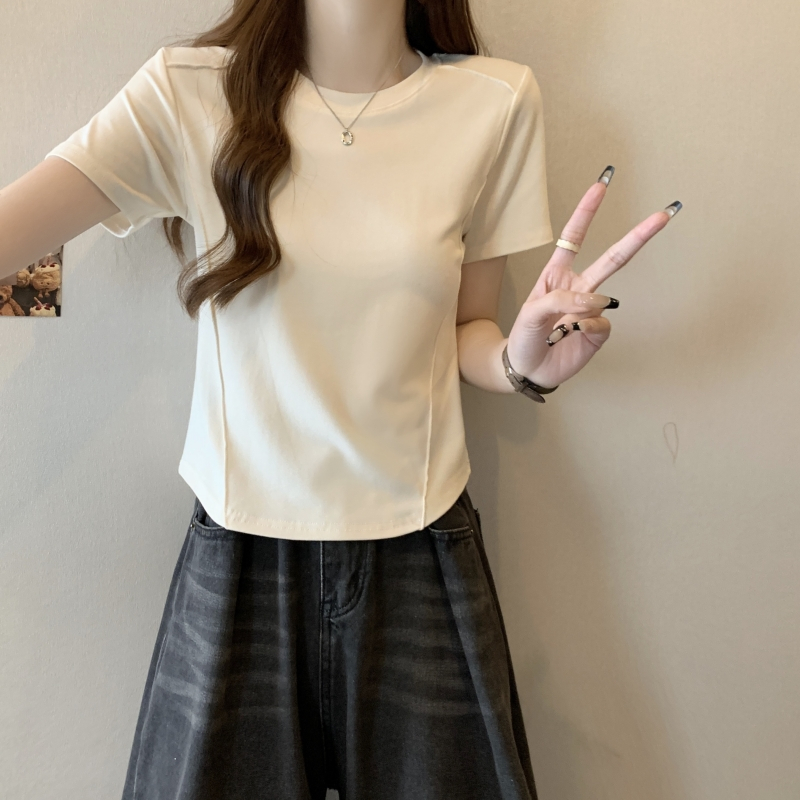 實拍  40支純棉 2024夏裝設計感小眾純色短袖T恤女