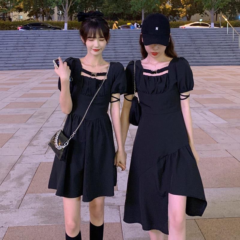 2024夏季新款女裝黑色泡泡袖法式連衣裙子大碼胖mm遮肚顯瘦高級感