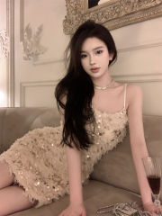 Real shot of high-end sequin niche slimming pure lust sweet and sexy suspender skirt bottoming dress