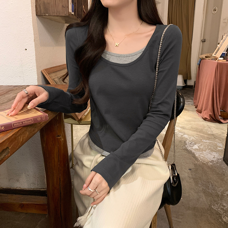 實拍  純棉長袖t恤女春秋薄潮假兩件打底衫圓領上衣大碼女裝