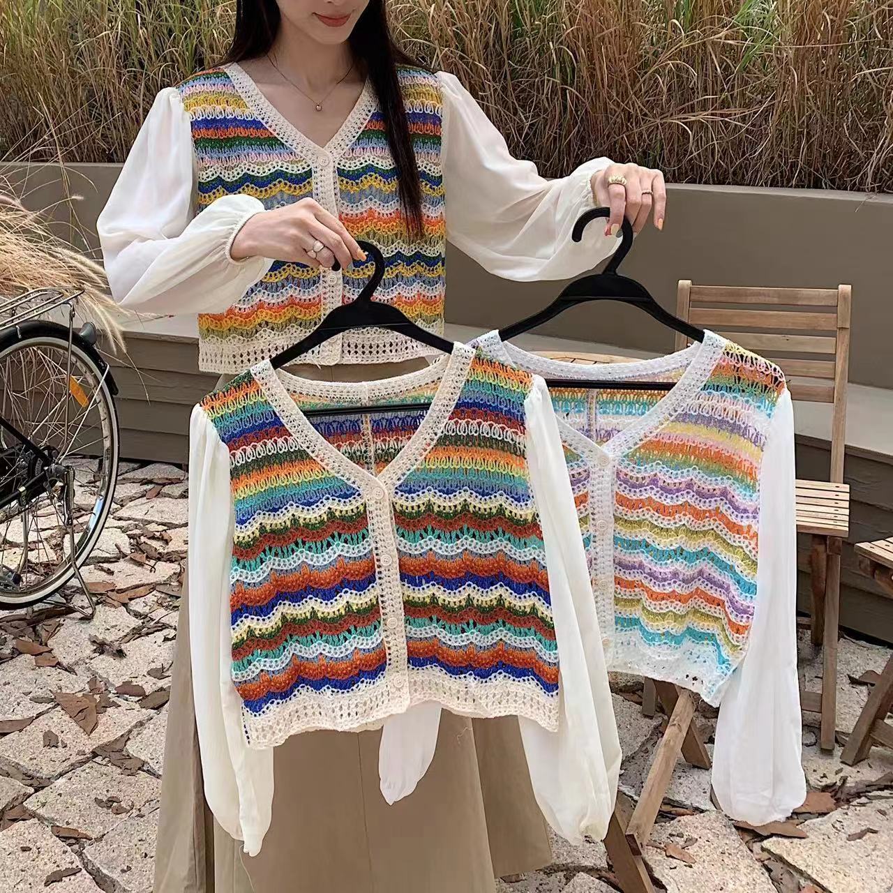 早秋時尚條紋針織衫女設計感開衫甜美彩虹鈎花v領休閒雪紡長袖女