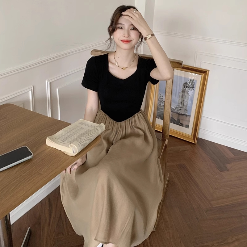 Chiffon French chic temperament lady splicing dress women summer new design niche waist slimming