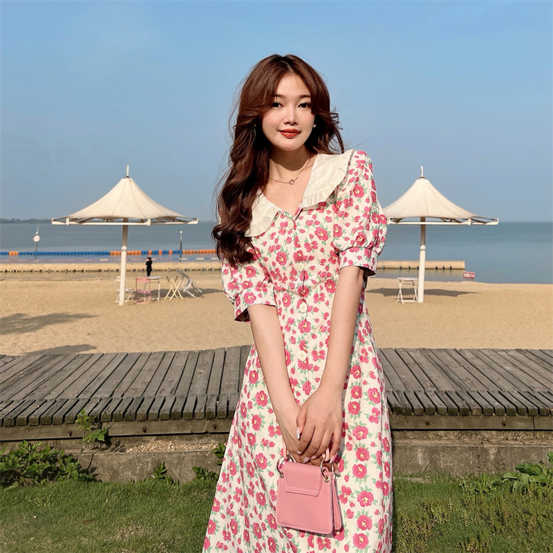 法式甜美娃娃領碎花連衣裙女夏季2024新款收腰顯瘦氣質初戀長裙子