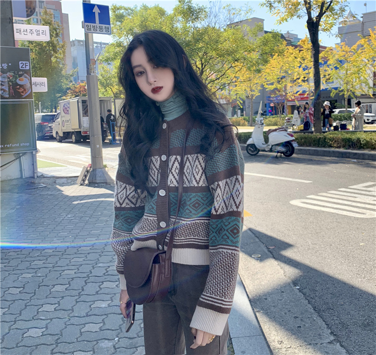 韓國chic網紅毛衣女2024秋新款短款森系復古拼色長袖針織開衫