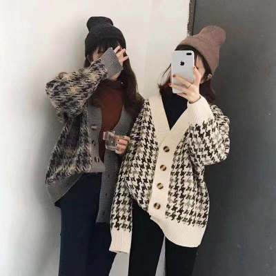 秋季韓版復古chicV領千鳥格加厚針織衫外套中長款長袖毛衣開衫女