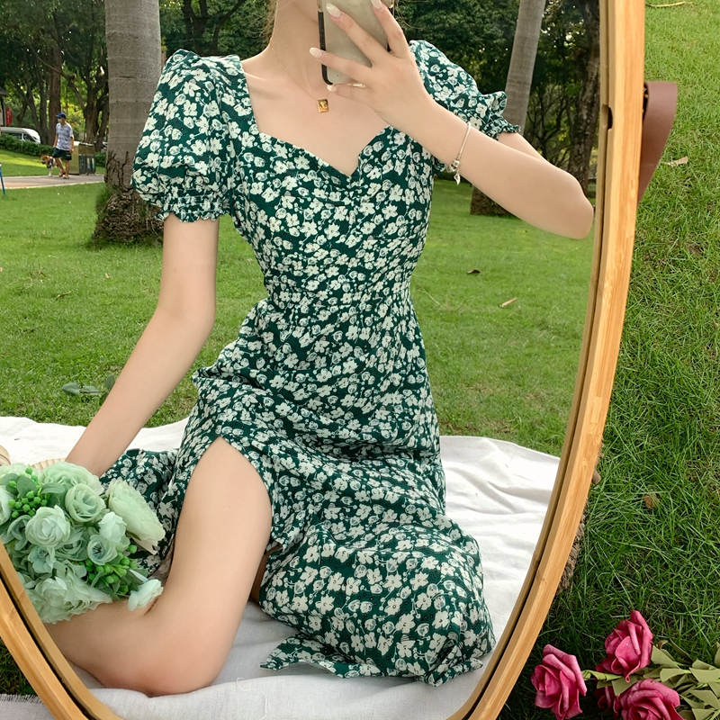 Summer new female green dress French square neck puff sleeves waist waist slit side floral floral
