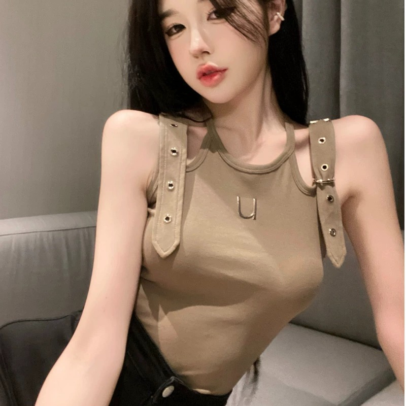 夏季設計感卡扣重工高級背心女高腰短款甜酷辣妹小吊帶上衣外穿潮