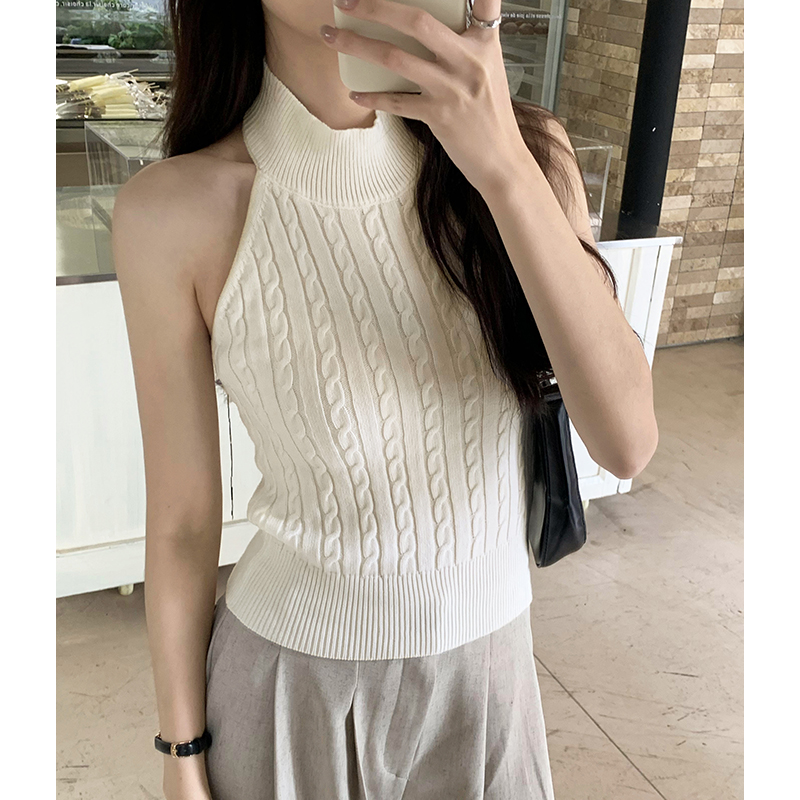 實拍圖掛脖坑條時尚無袖背心女2024夏季新款外穿辣妹露背針織吊帶