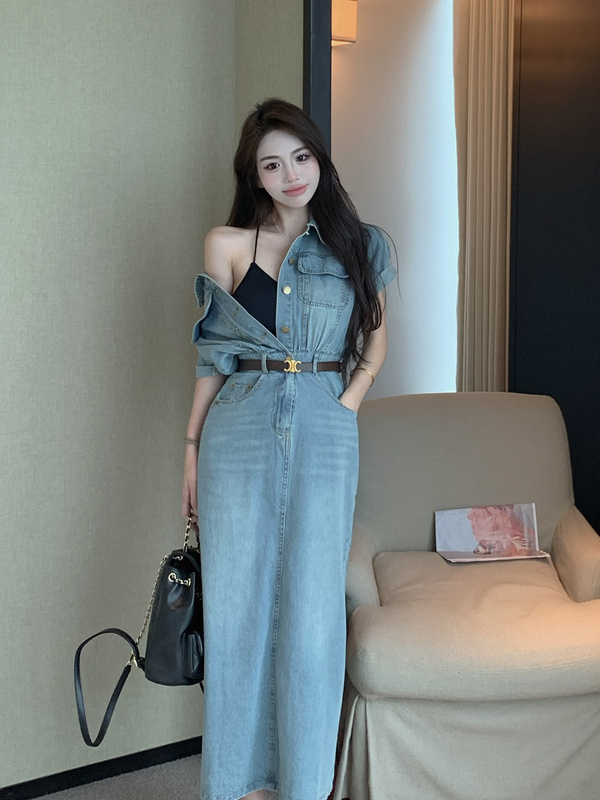 實拍  復古薄款中長款牛仔裙子連衣裙時尚休閒收腰連衣裙女