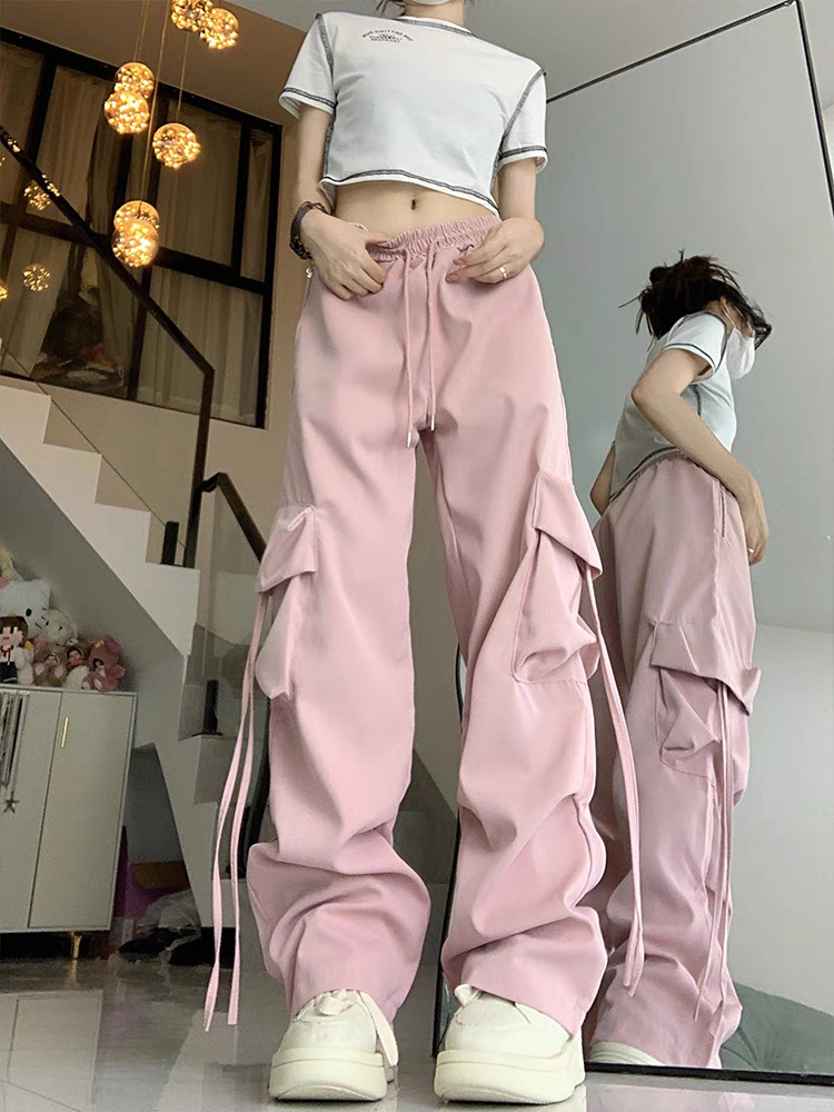 美式復古工裝褲女夏季高腰直筒闊腿褲設計感小眾寬鬆休閒拖地長褲