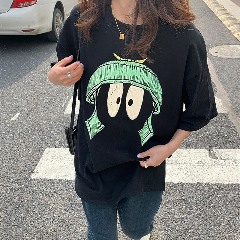 實拍 夏季新款大碼趣味印花短袖t恤胖mm百搭寬鬆休閒純棉上衣女