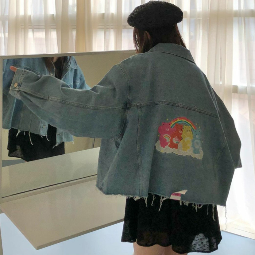 刺繡小熊水洗毛邊寬鬆休閒牛仔外套