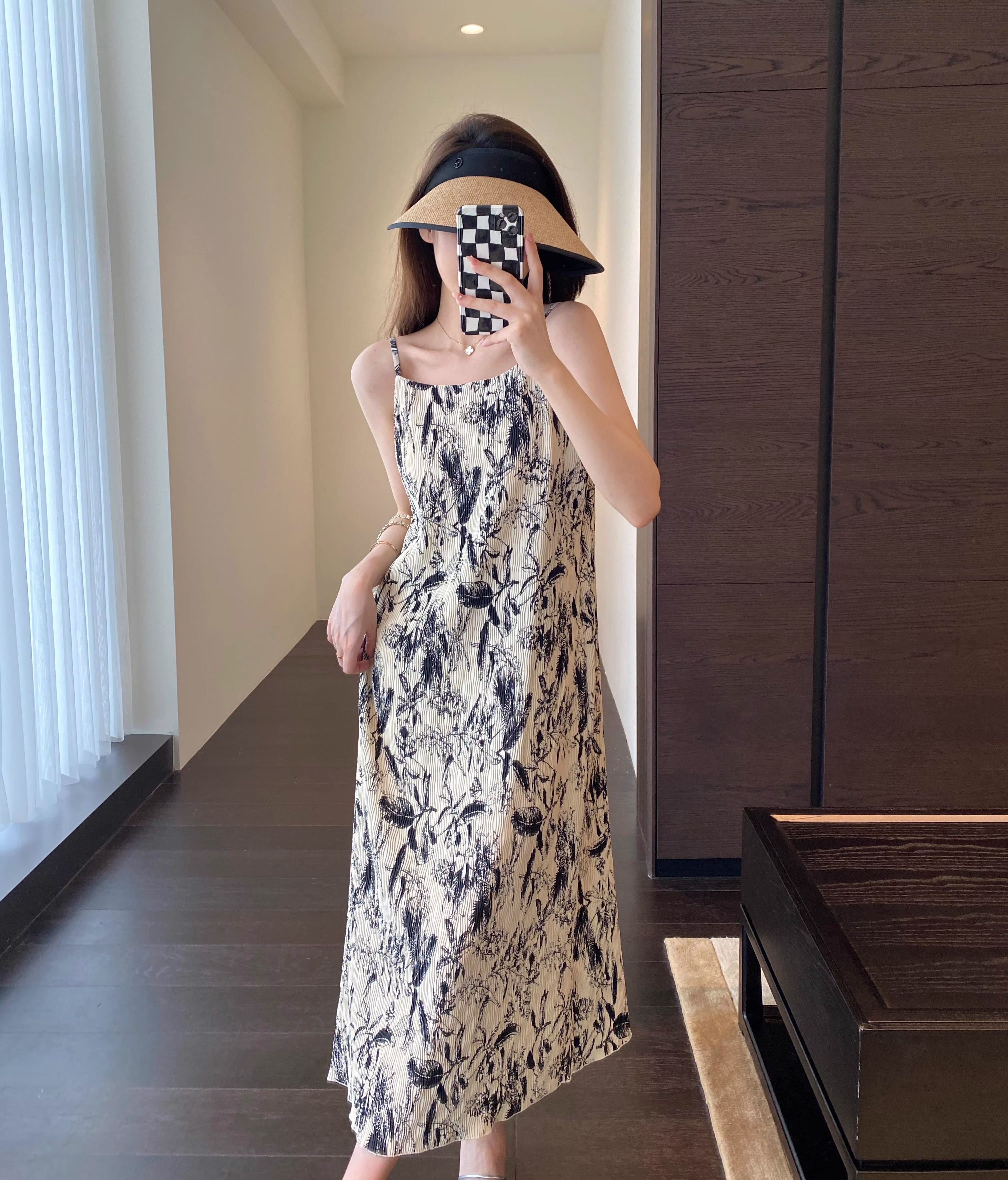 靈動飄逸 重工壓褶雙層工藝印花度假長裙吊帶裙女夏新