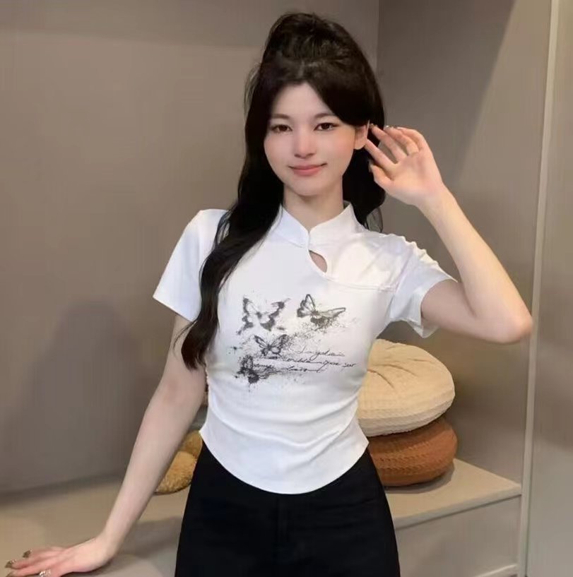 國風中式設計感小眾辣妹短袖T恤女2024夏季新款洋氣修身短款上衣