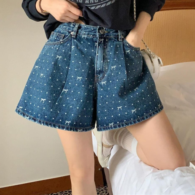 高腰傘擺蝴蝶結A字闊腿可愛波點牛仔短褲